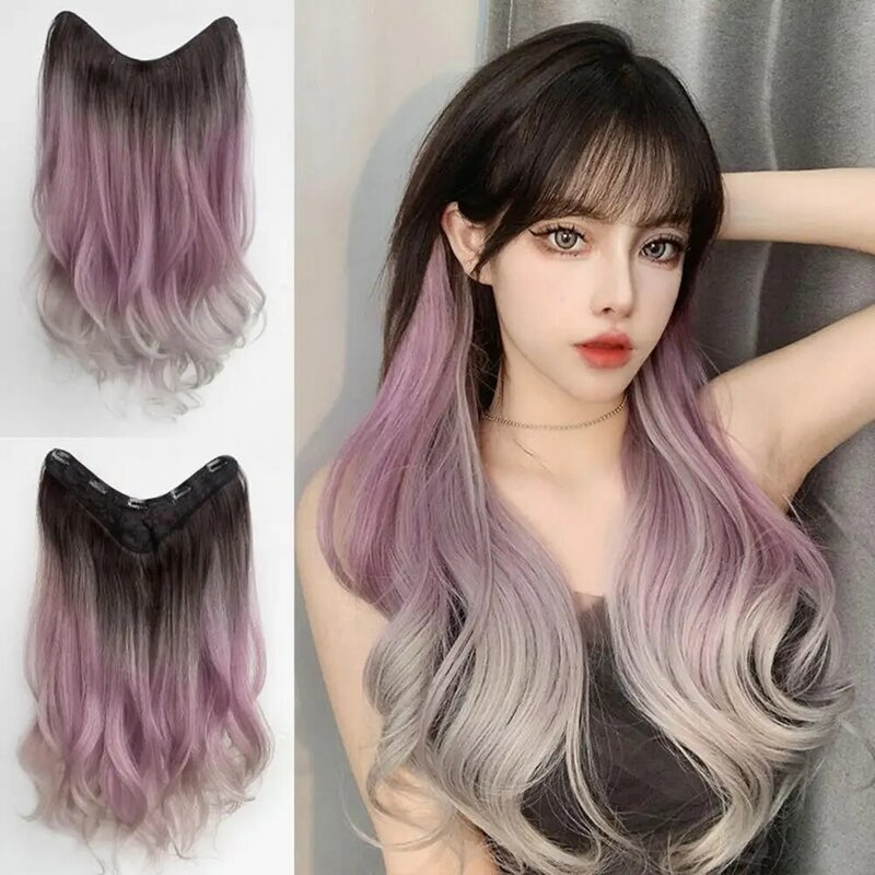Wig ekstensi rambut palsu, Wig ekstensi rambut satu potong, ekstensi warna ungu, simulasi hiasan rambut wanita panjang