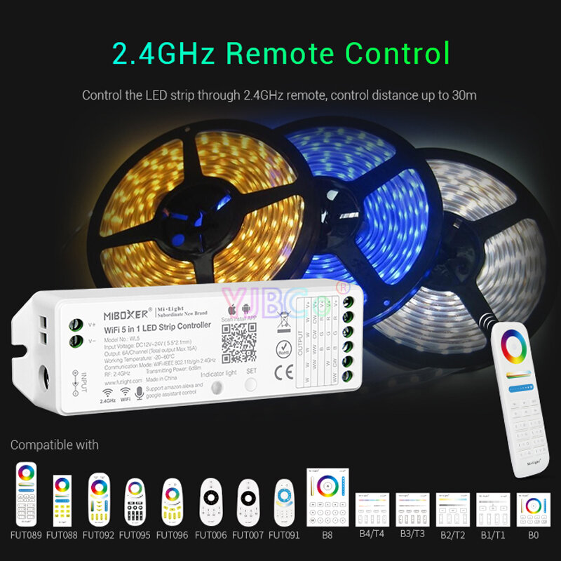 Miboxer-controlador LED WiFi 5 en 1, regulador de intensidad de tira actualizado para lámpara Led de un solo color, CCT, RGB, RGBW, RGB + CCT, WL5 2,4G 15A YL5