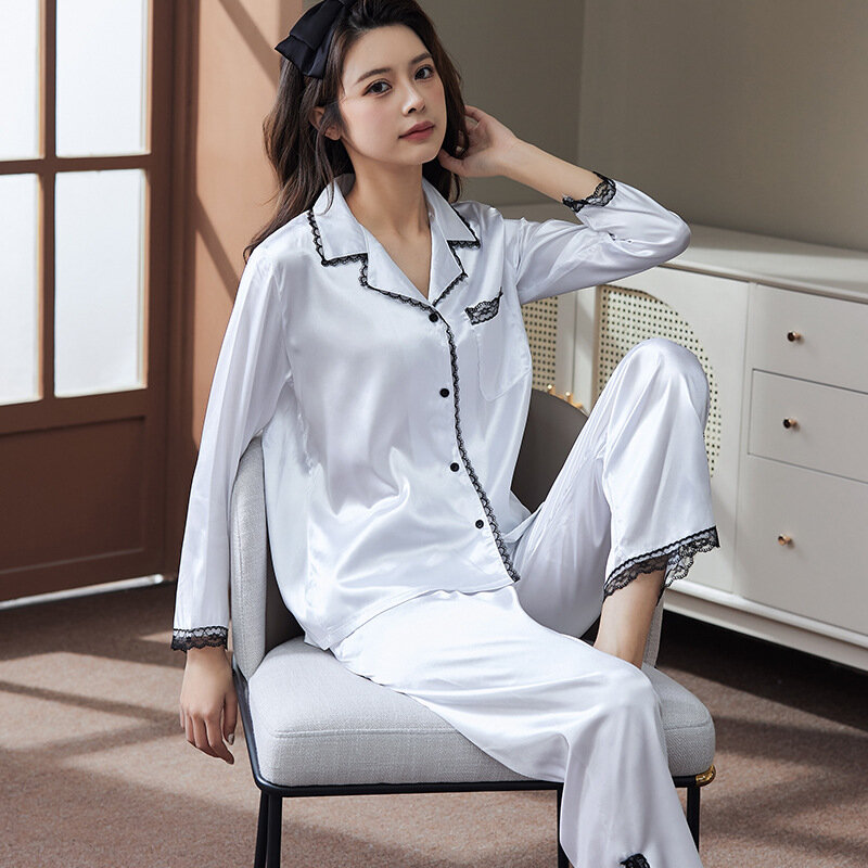 Women's 2 Piece Pajamas Sets Solid Lace Pijama Faux Silk Satin Pyjama Female Sleepwear Long Sleeve Lapel Shirt Pants Homewear