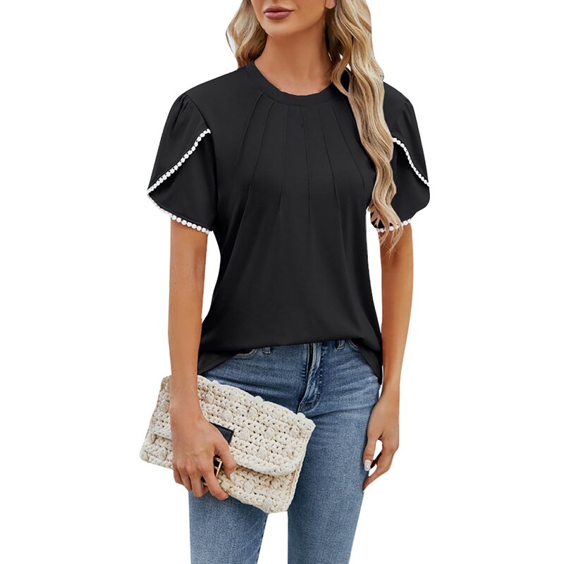 Однотонный женский топ с круглым вырезом и рукавом-лепестком из жемчуга на шнурке, женская модная блузка с рюшами, 2024, футболка для женщин Y2k