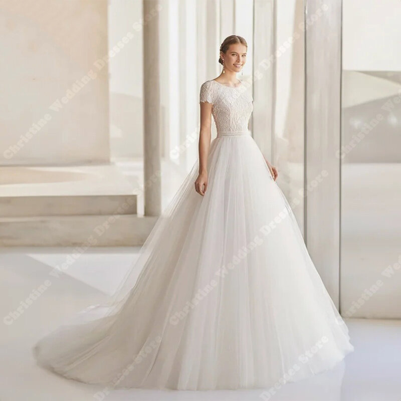 Gaun pengantin sederhana Tulle halus renda applique tali bahu mengepel panjang gaun pernikahan jubah pesta desain lengan pendek