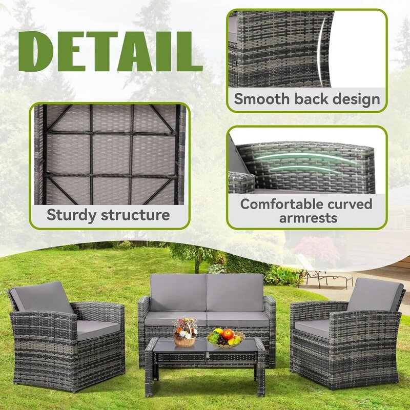 4 Pcs Patio Conversation Set, Outside Rattan Sectional Sofa, Cushioned Furniture Set, Wicker Sofa Ideal for Garden, Backyard