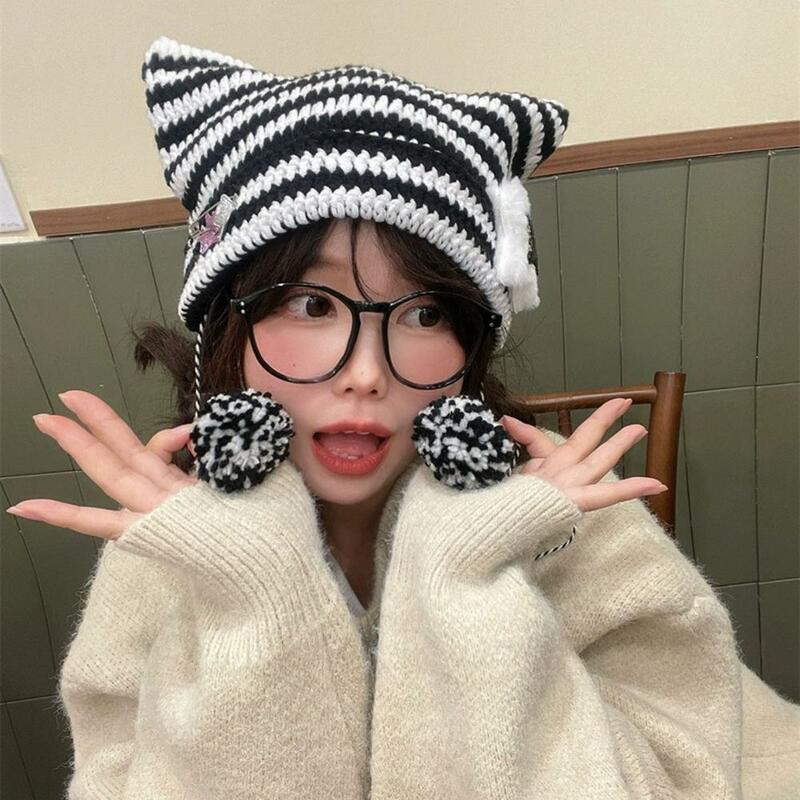 Striped Design Winter Beanie Japanese Style Cat Ear Beanie Hat Striped Print Knitting Hat with Plush Ball Pendant Autumn Winter
