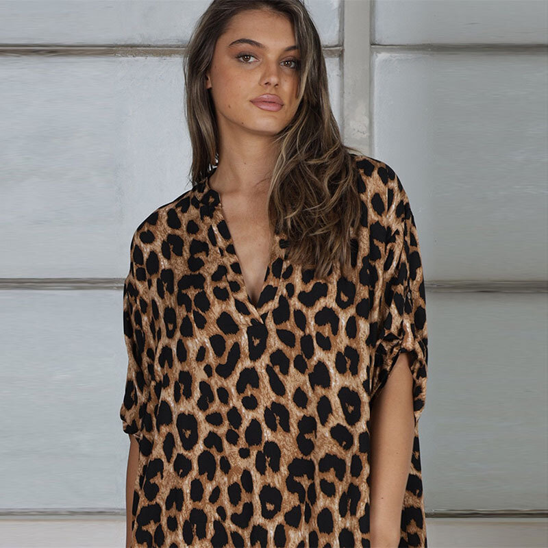 Caftán de leopardo para mujer, vestido Maxi informal con cuello en V, ropa de playa, traje de baño Suelto