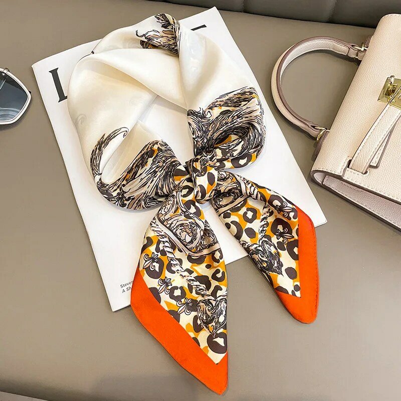 Luxo leopardo retalhos impressão magro lenço de seda quadrado feminino foulard floral neckerchief cetim macio hairband cabeça hijab saco laços