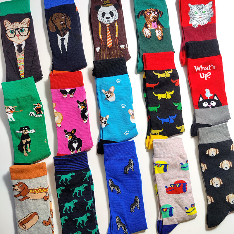 58 gaya kartun anjing dan kucing tema kaus kaki pria katun baru Lucu Hip Hop tren jalan Skateboard kaus kaki panjang besar