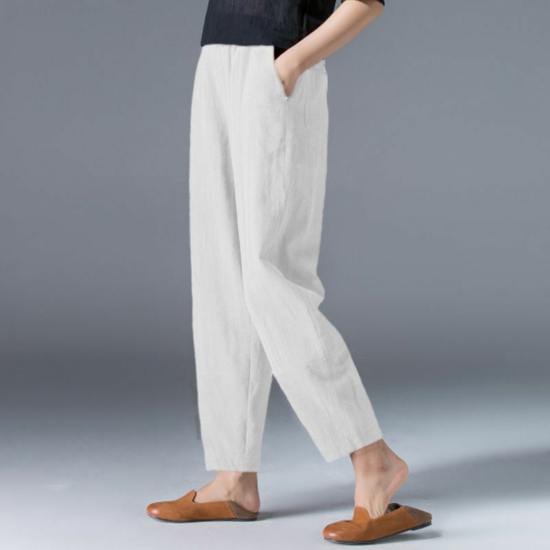 Pantalones de pierna ancha de algodón para mujer, ropa holgada de gran tamaño, Color sólido, Harem, informal, cintura elástica, hasta el tobillo, Verano