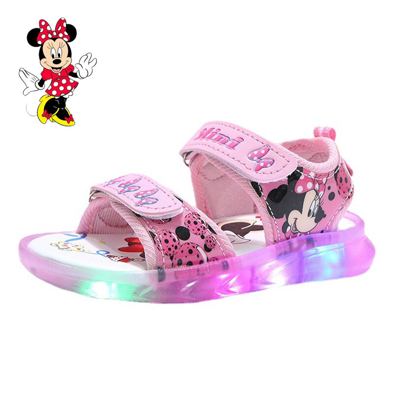 Disney Mickey Mouse sandal LED anak perempuan, sepatu lembut bersinar musim panas pantai Minnie, merah muda, ungu, ukuran 21-31