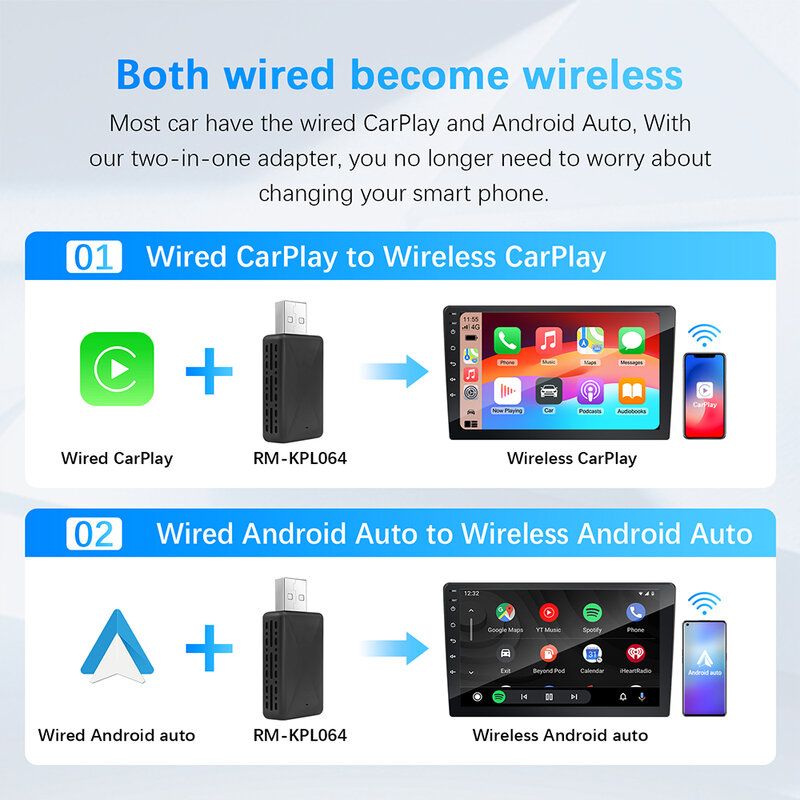 Wireless Carplay Adapter Android Auto 2in1 for Toyota Mazda Nissan Hyundai Suzuki Chevrolet Audi Mercedes Kia Ford Honda VW