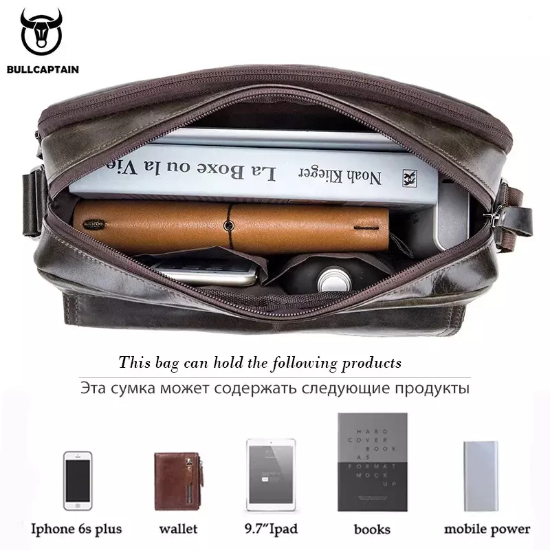 BULLCAPTAIN Натуральная кожа Мужская сумка через плечо большой емкости Повседневная многофункциональная сумка Модный деловой портфель