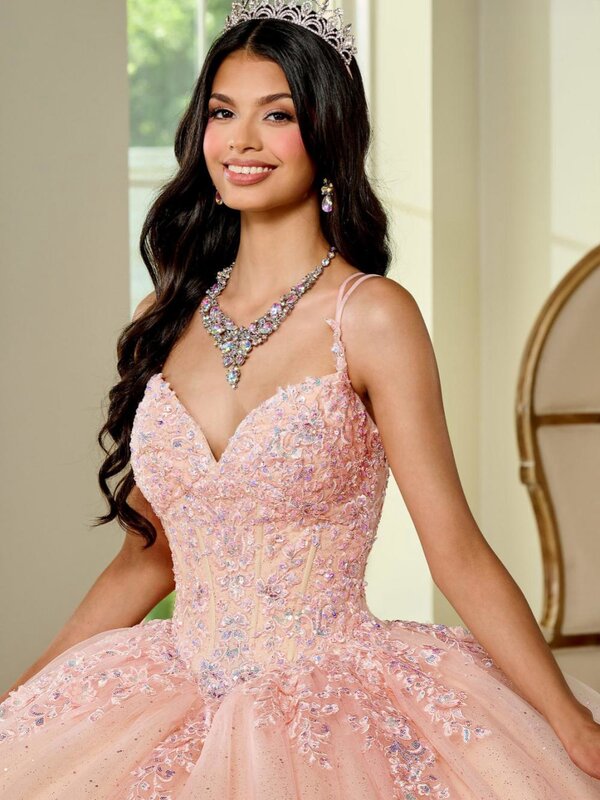 Vestidos Quinceanrra Prom com manga destacável, decote em v, lantejoulas brilhantes, apliques princesa, longo, vestido doce 16