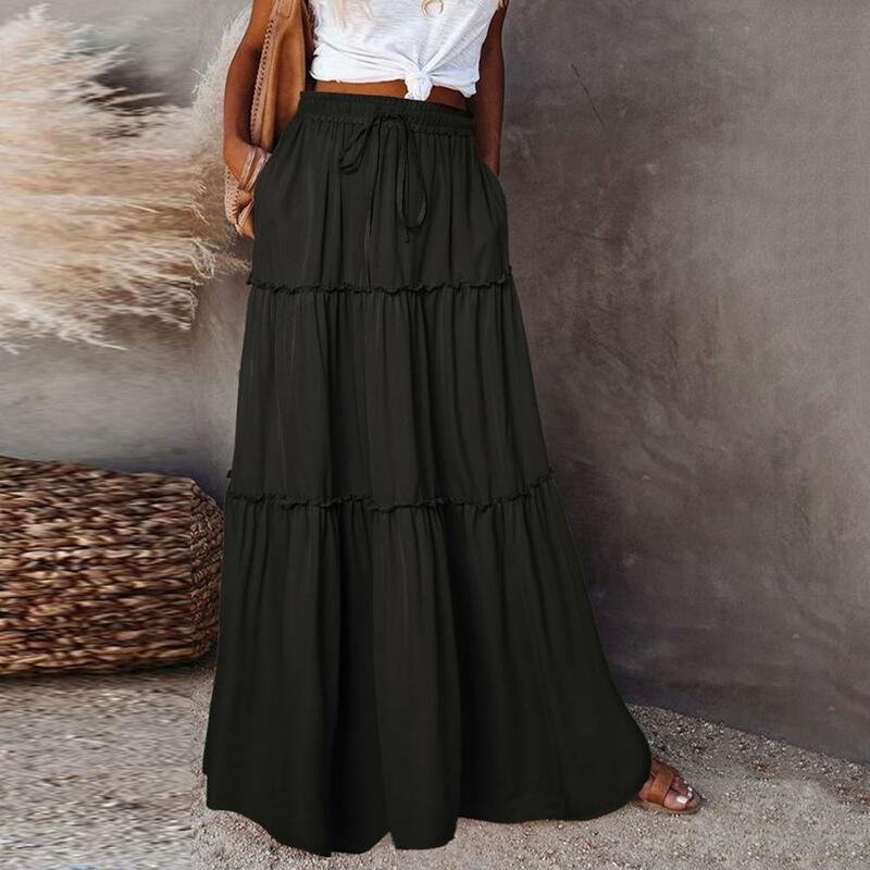 Falda larga con cintura elástica para mujer, falda larga de Color liso con volantes y costuras, estilo bohemio, para fiesta y vacaciones