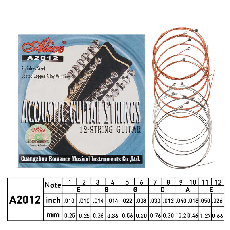 Alice cordas de guitarra folclórica acústica de 12 cordas de aço inoxidável cobre enrolado revestido liga de cobre corda acessórios