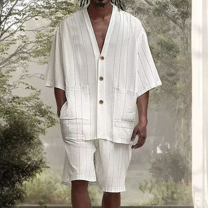 Ensemble 2 pièces blanc à motif vertical pour homme, cardigan à boutons, pantalon fendu, haut à double poche