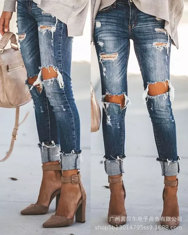 Celana Jeans ramping wanita, bawahan Retro pinggang tinggi lubang elastis kaki kecil 2023