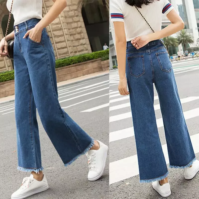 Прямые женские брюки с высокой талией, свободные брюки с широкими штанинами, повседневные джинсы, брюки 9/10