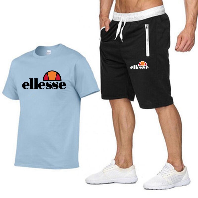 2024 ellesse Men's Fashion T-shirt brand printed casual trend Power summer cotton men's short sleeve + shorts two-piece set