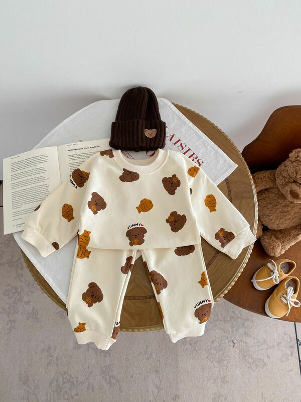 Новинка весны 2024, комплект детской одежды с длинным рукавом, свитшот с принтом медведя для мальчиков и девочек + штаны, костюм из 2 предметов, повседневная одежда для малышей