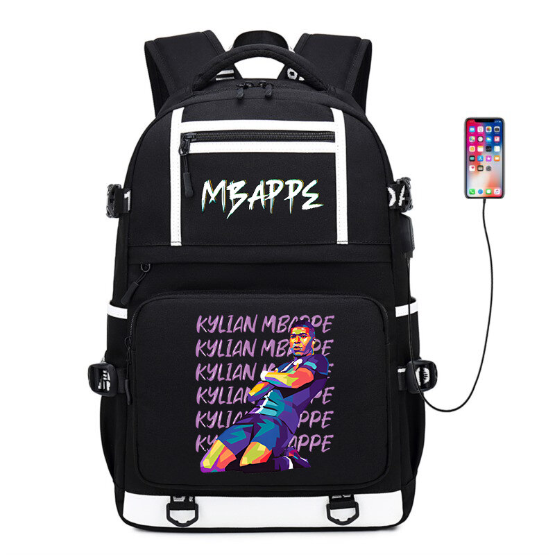 Mbappe avatar print student casual school bag youth zaino nero borsa da viaggio all'aperto