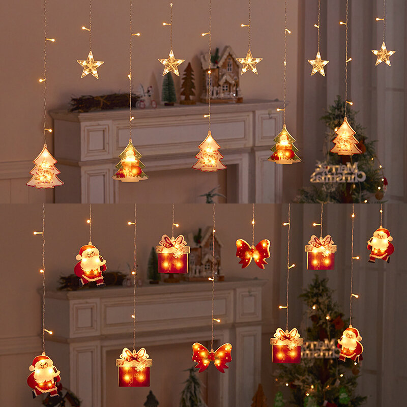 Рождественское украшение, светодиодные занавески, подвесной светильник в виде Санта-Клауса, снежинки, украшение на окно, атмосфера, композиция, теплый светильник