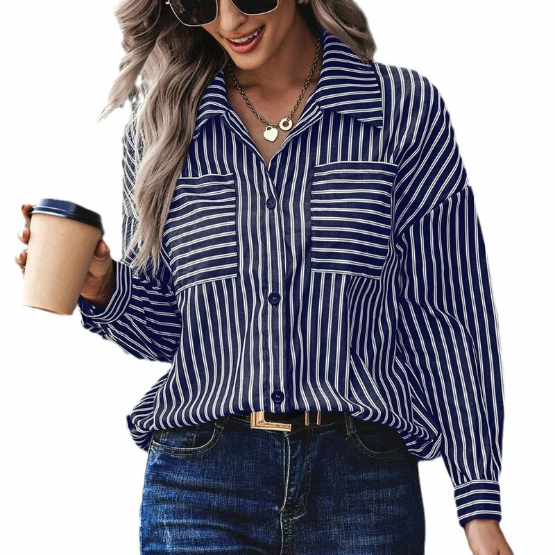 2023 Autumn and Winter Stripes Long Sleeved Blue Shirt for Women