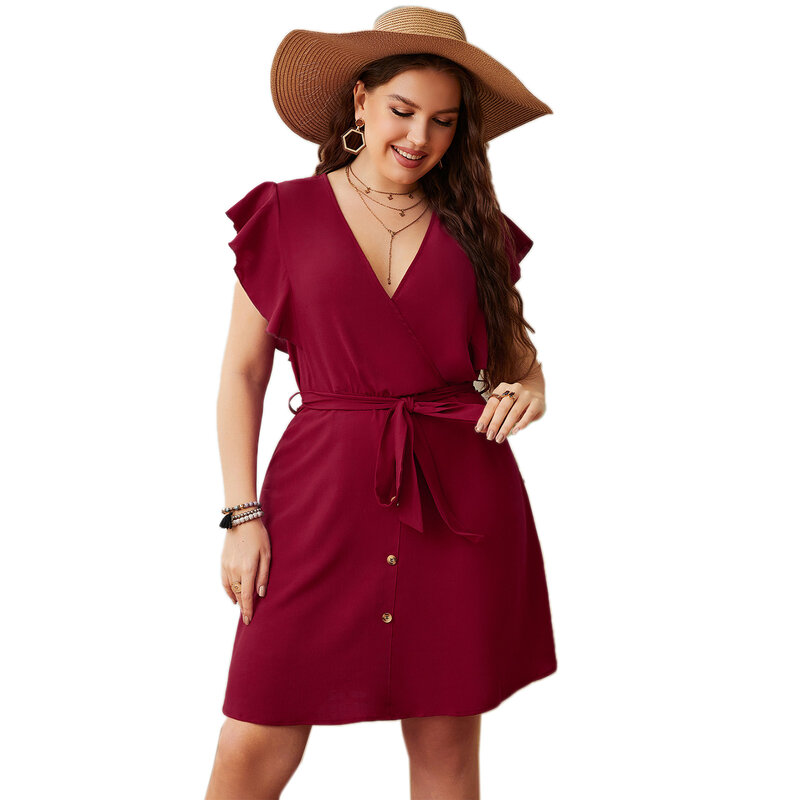 Stylish Plus Size Women Short Dress Sexy V Neck Ruffle Sleeve Button Front Casual Mini Dress for Beach Holiday Summer