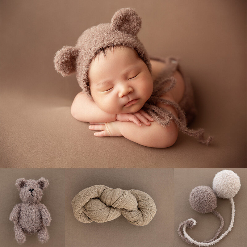 Infants Photography Props Clothes Knitted Teddy Bear Outfit Hat Bear Doll Balloon Baby Photoshoot Outfits Props Accessories