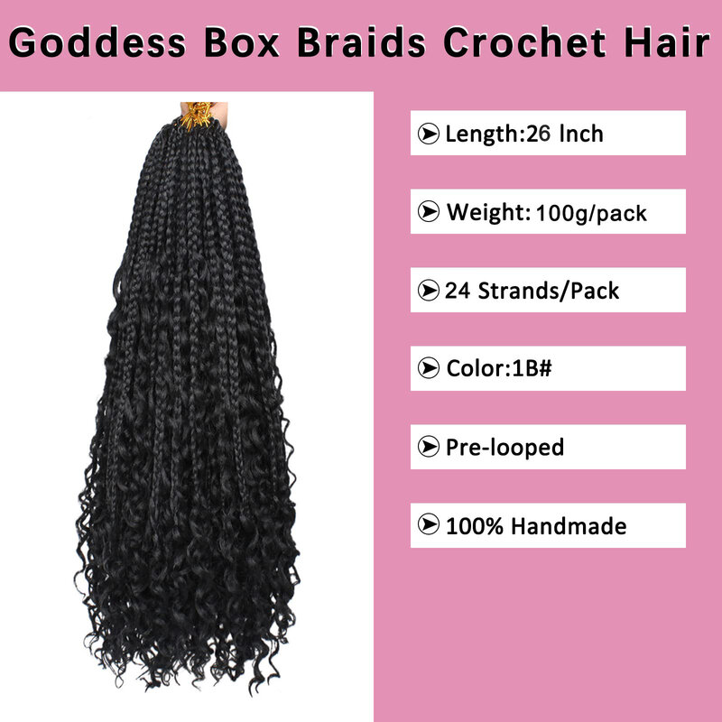 Goddess-Extensions de cheveux tressés synthétiques bohèmes pour femmes noires, tresses au crochet, extrémités bouclées, 24 brins, 26 po