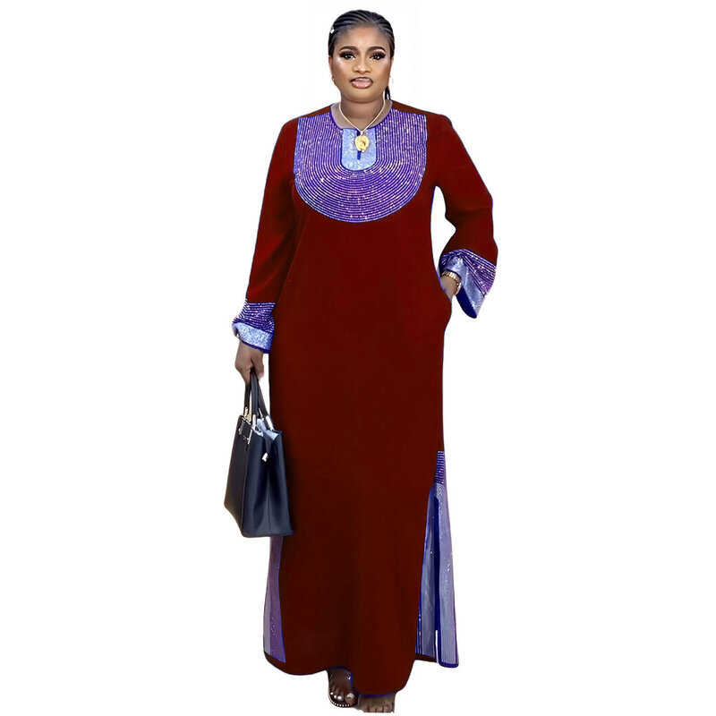 Gaun Afrika mode baru untuk wanita gaun panjang bersinar lembut dengan syal