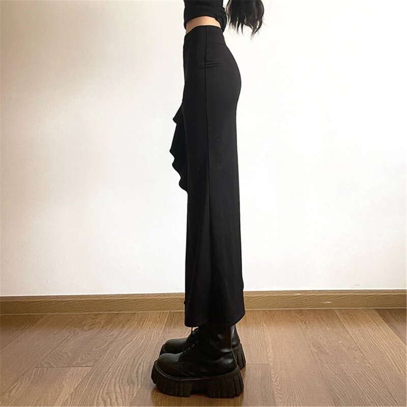 Mulheres estéticas irregular saia longa cintura lado divisão plissado hem midi bodycon saia 90s vintage harajuku streetwear