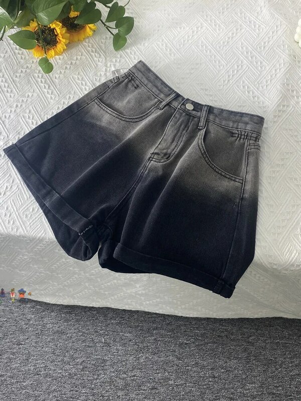Damskie czarne gotyckie jeansowe szorty z wysokim stanem szerokie szorty Harajuku Y2k casualowe Vintage koreański styl a-line krótkie spodenki dżinsowe lato