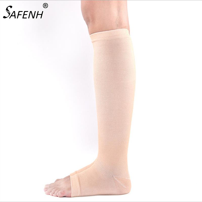Dedo do pé aberto joelho-alta meias de compressão médica varicosas veias estocando meias de pressão elástica meias de pressão 6 cores