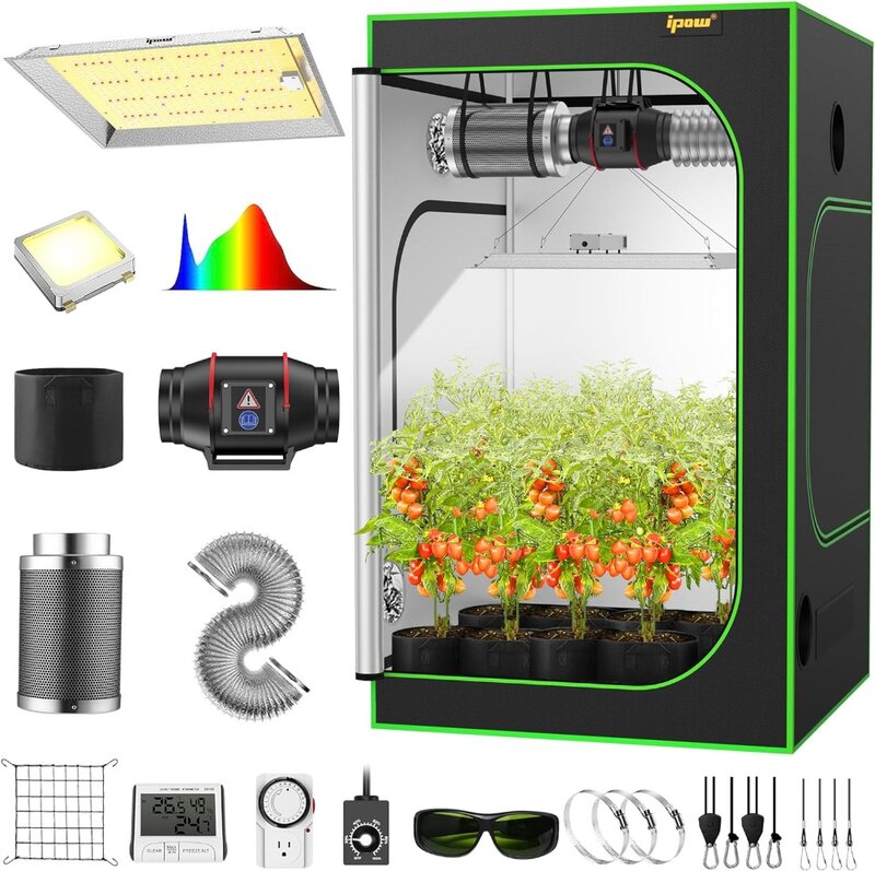 IPOW 4x4 Grow Tent Kit, 48" x 48" x 80" Grow Tent Complete System Indoor Kit with Full Spectrum LED Grow Light
