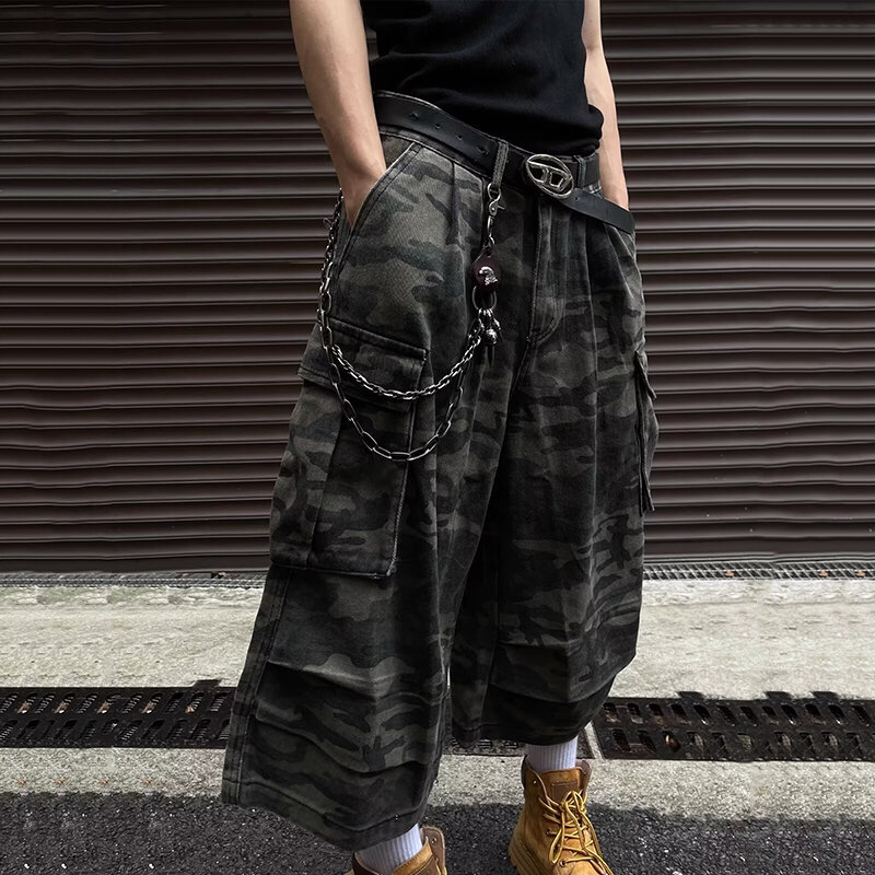 FEWQ Camouflage Work Men Shorts 2024 Cargo Darkwear Pocket Design Casual New Fashion Male Wide Leg Trousers 24E1421