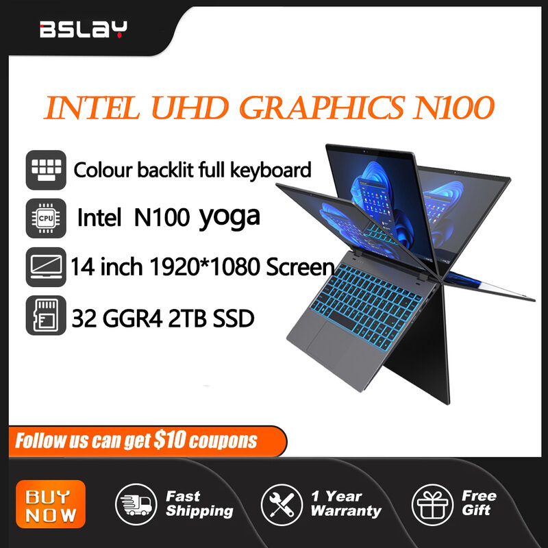 Laptop Slim com Touch Flip, Processador Intel, Tablet YOGA, N100, 14 polegadas, 32 GB DDR4, 2TB SSD, 6000 mAh, Tela 1920x1080, Escritório