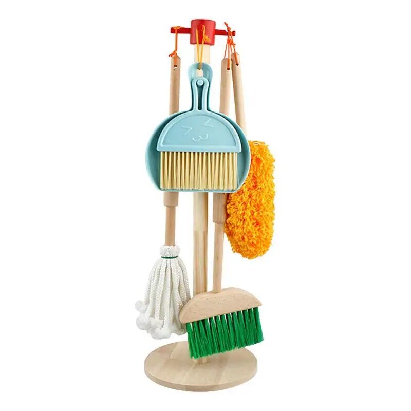 Wooden Cleaning Toys Set 6pcs Educational Durable Detachable Housekeeping Toys For Kids Includes Broom Dustpan Duster Mop