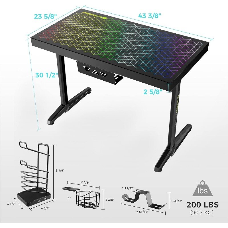 Ereka Ergonomic RGB LED Gaming Desk, Music Diplilights Up, Guatemala Glass Desk, 43 ", GTG I43 Home Office Desks