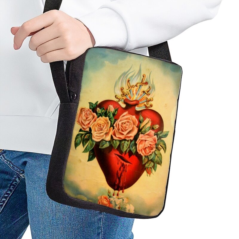 Adjustable Small Crossbody Bags for Women Love of God Heart Print Shoulder Bag Casual Ladies Christian Bible Bag Messenger Bag