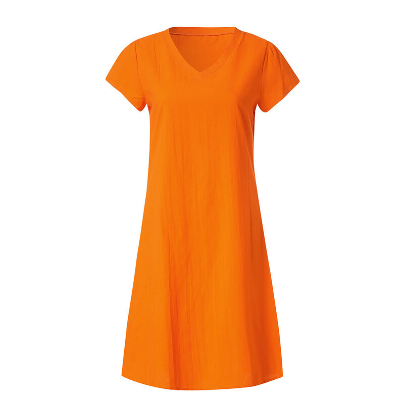 Женское винтажное платье с V-образным вырезом, однотонное свободное платье до колена с коротким рукавом, элегантное пляжное платье, лето 2023