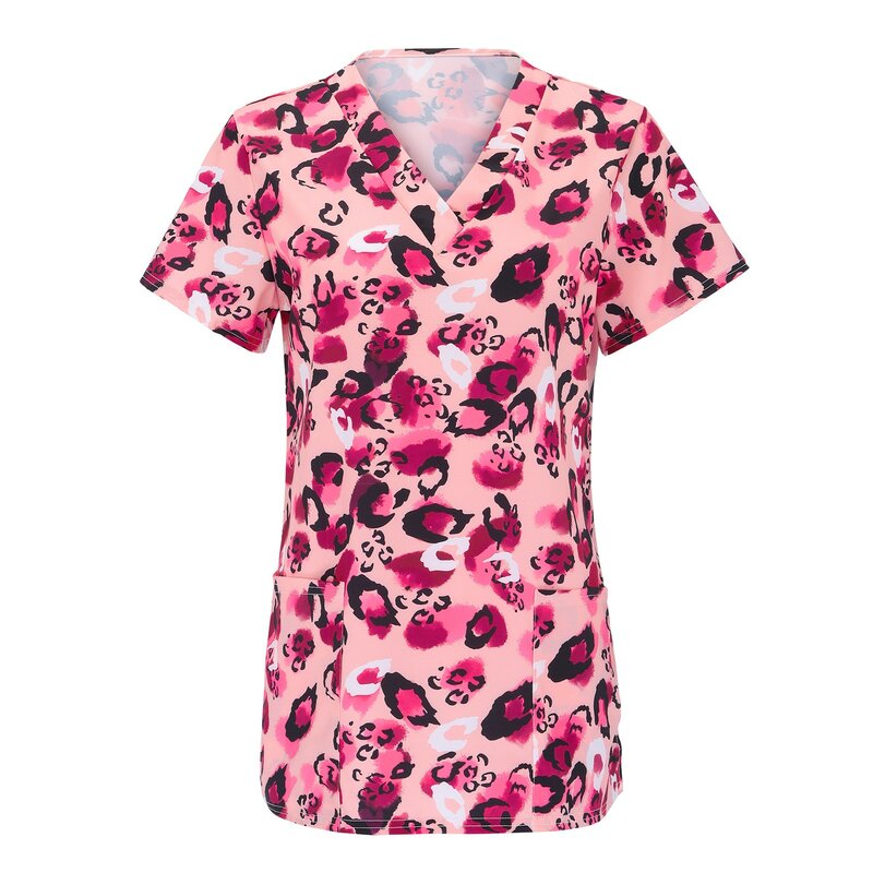 여성용 꽃무늬 프린트 간호복, 반팔 V넥 포켓, 간호 스크럽 상의, 간호 유니폼, 패션