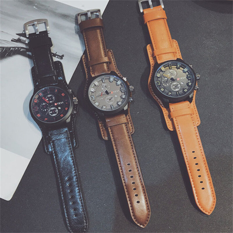 Relógio de couro masculino de luxo, Quartzo, Data, Relógio, Relógio de pulso estudantil, Relógio cronógrafo, Moda Relógios