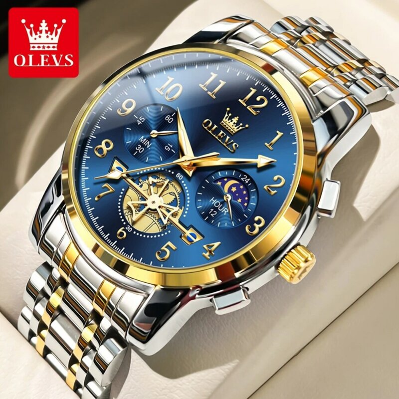 OLEVS-Montre-bracelet à quartz en acier inoxydable pour homme, chronographe, étanche, phase de lune, modules de mode Shoous, tout neuf