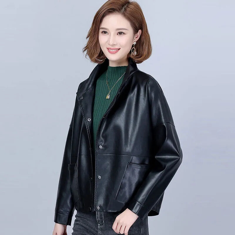 High-grade Yellow Leather Women's new Short Age-reducing Casual Imitation Sheepskin Loose Joker Leather Jacket Coat New in Coats