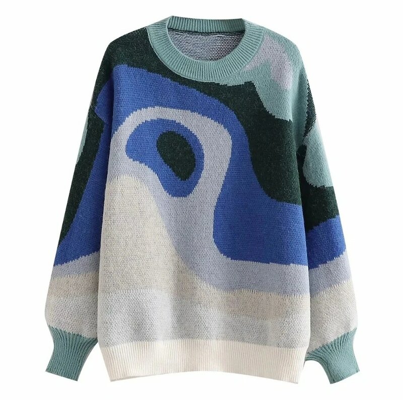 Kontrastowy żakardowy okrągły dekolt dla ciepła i luźny krój, luźny pulower, sweter z długimi rękawami, dzianinowy sweter, jesień i zima