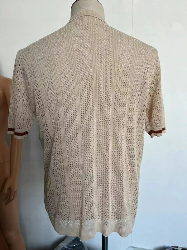 Polo en tricot à manches courtes pour hommes, chemise évidée, chemise boutonnée vintage des années 70, chemise de plage de vacances décontractée, rose
