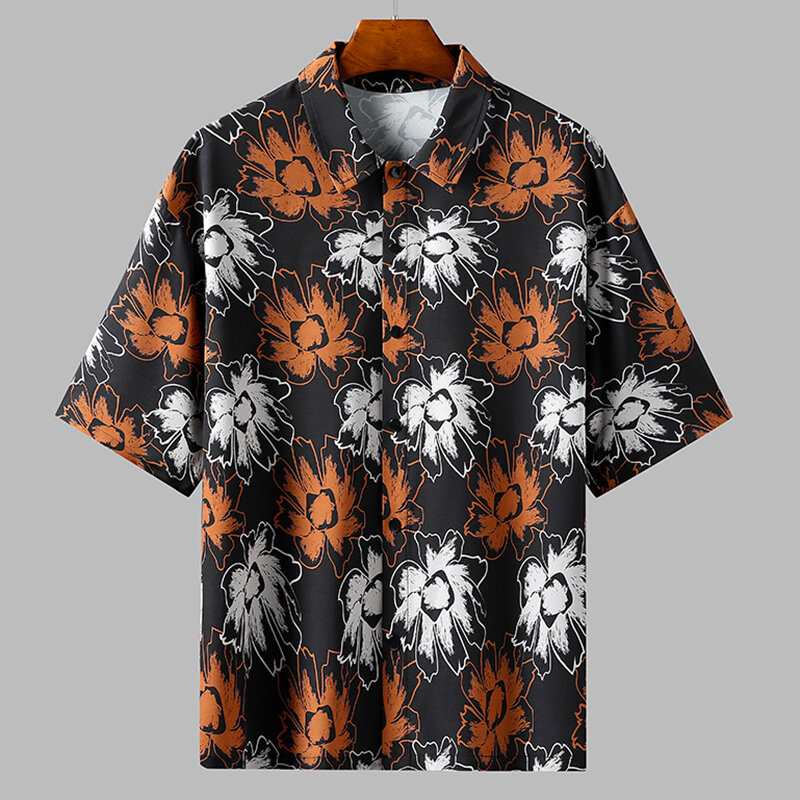 Camisa punk estampada solta masculina, botão de lapela, manga curta, camisa que combina com tudo, tops casuais, roupas de verão, nova moda, 2024
