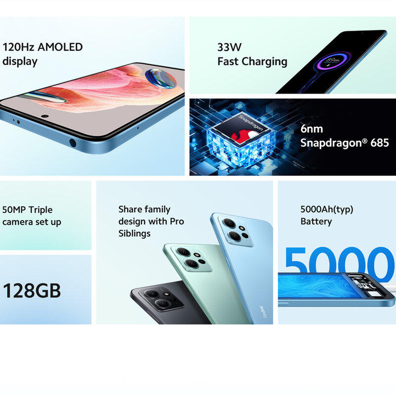 Xiaomi Redmi Note 12 Snapdragon รุ่นสากล®685กล้อง50MP ระบบชาร์จเร็ว AMOLED 33W ขนาด4GB /6GB /8GB 128GB 120Hz AMOLED