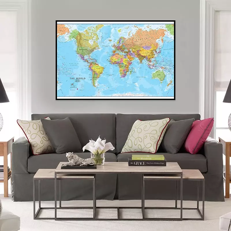 Pintura en lienzo del mapa política del mundo, póster de arte de pared moderno, suministros escolares, decoración del hogar y sala de estar, muy detallada, 60x40cm