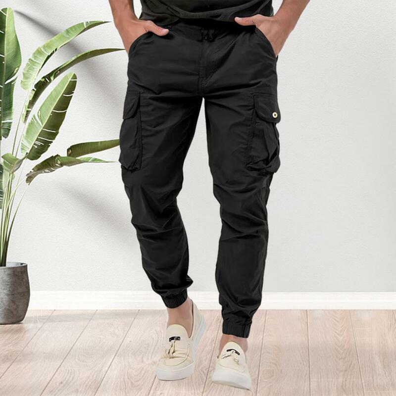 Casual Solid Color Pants Men's Mid Waist Cargo Pants with Multi Pockets Button Zipper Closure Soft Breathable for Comfortable