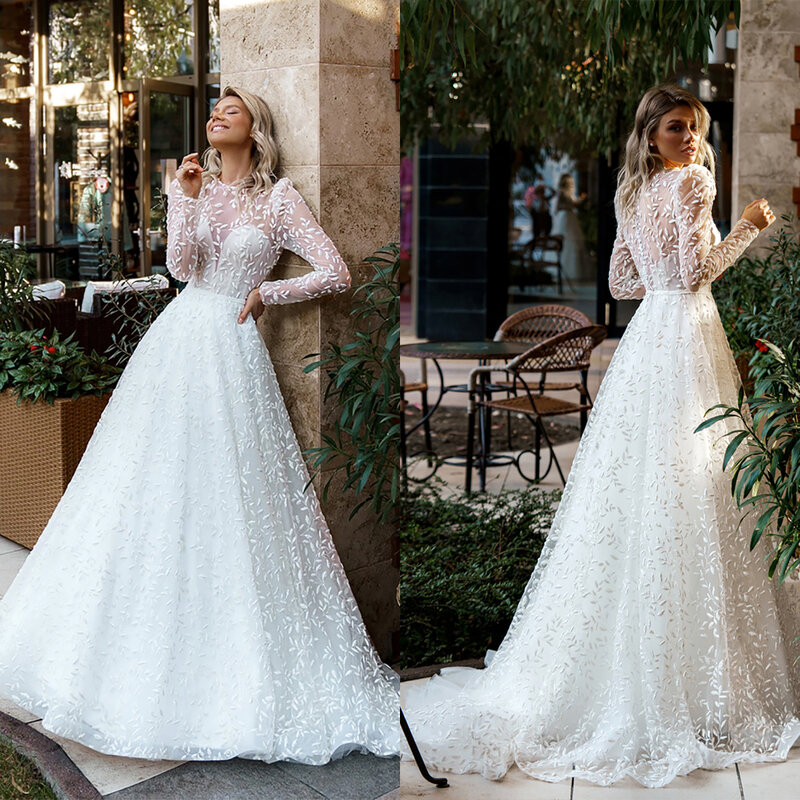 Vintage Wedding Dresses Appliques Lace Country A Line 2023 Long Sleeves Bridal Gowns Custom Made Button Back Sweep Train Robes